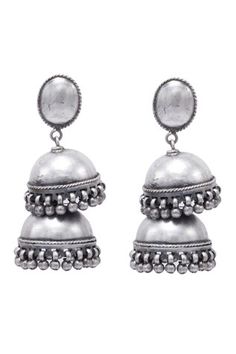 Silver toned oxidized hanging domed shaped tiered drop jhumkas, oval top and ghunghroo hangings. - Aza Fashions Cheap Silver Temple Jewelry Earrings, Traditional Oxidized Dangle Jhumkas, Festive Oxidized Temple Jewelry Jhumkas, Fusion Style Metal Jhumkas With Oxidized Finish, Oxidized Metal Fusion Jhumkas, Fusion Style Oxidized Metal Jhumkas, Oxidized Finish Dangle Jhumkas For Festivals, Oxidized Dangle Jhumkas For Festivals, Fusion Style Oxidized Jhumkas For Diwali