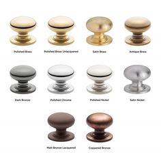 an assortment of knobs and handles in various colors, sizes and finishes for cabinet doors