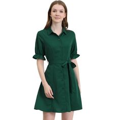 With ruffled short sleeves and a flattering tie at the waist, this shirt dress is crafted from soft cotton. Transition easily from day to night in this shirt dress in workwear style - a classic full button front with a pointed collar and waist tie. Available in a variety of styles, this solid A-line dress is belted, pointed collar, knee-length, ruffled short sleeves, button-down collar, solid color, belted dress, and heels for a retro look, perfect for everyday wear or weekend events. Green Short Sleeve Shirt Dress With Buttons, Green Button-up Shirt Dress For Day Out, Cheap Green Button-up Dresses, Solid Belted Button-up Shirt Dress, Green Knee-length Shirt Dress With Button Closure, Button Down Shirt Dress, Ruffle Shorts, Workwear Fashion, Mini Wrap Dress