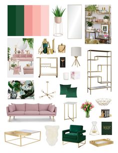 a collage of furniture and decor in shades of pink, green, gold, and white