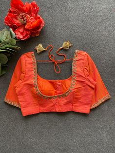 Product Descriptions : Orange silk blouse comes with heavy jewel type hand work for front, back & sleeves as shown Orange Blouse Designs Latest, Front Blouse Designs, Girls Saree, Hand Worked Blouse, Blouse Handwork, Green Blouse Designs, Worked Blouse, Ready Made Blouse, Handwork Blouse