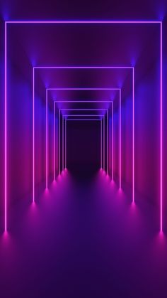 an empty room with neon lights in the ceiling and on the wall is a long corridor