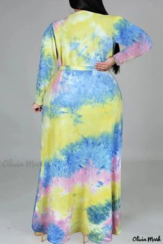 Olivia Mark - Orange Plus Size V Neck Long Sleeve Tie Dye Dress Casual Multicolor Long Sleeve Maxi Dress, Casual Long Sleeve Multicolor Maxi Dress, Solid Color Jumpsuits, Casual Tie, Black Tie Dye, Long Sleeve Casual Dress, Stylish Plus, Tie Dye Designs, Tie And Dye