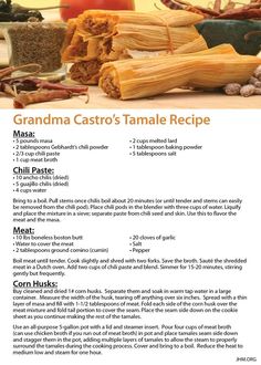 the recipe for grandma castro's tamale recipe is shown in this brochure