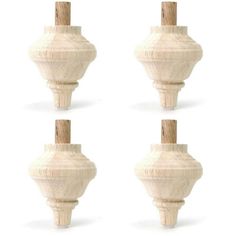 four white vases with wooden handles are shown in three different positions, one is turned upside down