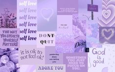 a collage of purple and white images with words that say, i love you