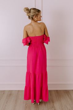 - Say hello to summer maxi vibes with this beautiful dress! - Unlined material - A square cut neckline - Elastic flutter sleeves - A smocked bodice - A flowy yet flattering silhouette that ends in a maxi length hemline Pink Flowy Maxi Dress With Smocked Bodice, Flowy Pink Maxi Dress With Smocked Bodice, Pink Maxi Dress With Smocked Back For Vacation, Pink Beach Dress With Smocked Back, Pink Smocked Maxi Dress For Spring, Pink Maxi Length Smocked Dress For Spring, Flowy Pink Ruched Maxi Dress, Flowy Ruched Pink Maxi Dress, Pink Ruched Off-shoulder Maxi Dress