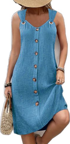 Light Blue Buttoned Dress For Vacation, Sleeveless Dress With Buttons For Vacation, Light Blue Buttoned Dress For Summer, Sleeveless Beach Dress With Button Closure, Casual Sleeveless Button-up Dress For Beach, Casual Button-up Sleeveless Dress For Beach, Button-up Sleeveless Dress For Beach, Beach Button-up Sleeveless Dress With Buttons, Casual Sleeveless Dress With Buttons For Vacation