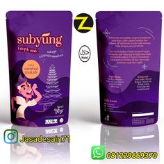 two bags of subyng are shown side by side on a white background and the packaging is purple