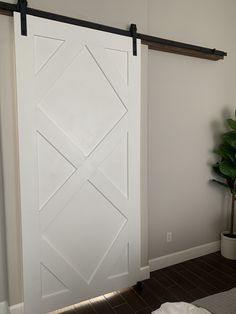 a white barn door with black hardware on the top and bottom, next to a potted plant