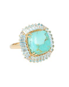 Like a jewel in the crown, this ring features a colorful cushion turquoise adorned with soft petals of blue topaz baguettes. Cocktail rings are iconic fashion statements, often worn to enhance outfits for social occasions, making this piece a dazzling addition to any ensemble. The 'Jewel in the Crown Ring' symbolizes prestige, excellence, and significance. It is a metaphorical expression derived from the idea of a precious gem being the most valuable and prominent part of a royal crown. Gemstone Colourful Cushions, Fashion Statements, Iconic Fashion, Crown Ring, Crown Royal, Gold Plated Rings, Precious Gems, London Blue Topaz, London Blue