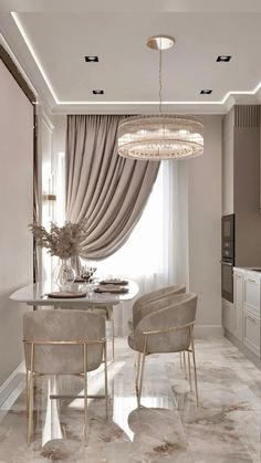 an elegant dining room with marble flooring and white walls, along with beige curtains