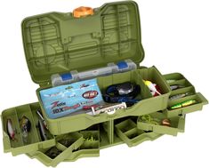 an open green tool box filled with assorted tools and gadgets, including fishing gear