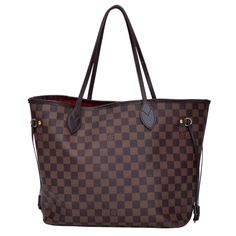 The medium version from Louis Vuitton's classic Neverfull tote collection is made with damier ebene coated canvas with smooth brown leather trim and finishes. The leather on this bag is water and stain resistant. The bag is finished with gold-tone brass hardware and a striped red woven fabric interior. COLOR: Brown/Damier ebene MATERIAL: Coated canvas DATE CODE: SD4154 MEASURES: H 11” x L 12-18” x D 6” DROP: 8.5” COMES WITH: Dust bag CONDITION: Good - imperfections to leather from light use, faint marks to fabric interior, and faint marks to exterior. Made in USA Damier Ebene Neverfull, Louis Vuitton Neverfull Damier Ebene, Louis Vuitton Satchel, Lv Damier, Tote Bags For School, School Tote, Louis Vuitton Damier Ebene, Damier Ebene, Interior Color