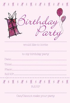 a pink birthday party card with balloons