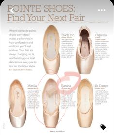 an advertisement for ballet shoes with instructions on how to find the right shoe size and where to put them