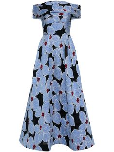 black/blue/silver-tone all-over floral embroidery metallic threading off-shoulder two side inset pockets rear zip fastening A-line skirt below-knee length straight hem Midi Dress Blue, Brocade Dress, Rebecca Vallance, Brocade Dresses, Embroidered Midi Dress, Versace Outfit, City Dress, Floral Applique, Blue Midi Dress