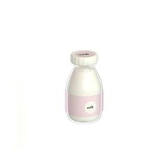 the bottle is pink and white with a small dot on the side, it has a plastic cap