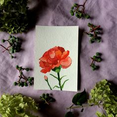 an orange flower sitting on top of a piece of paper next to some green leaves