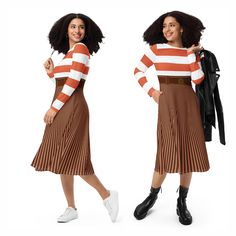 two women in skirts and striped sweaters posing for the camera, both wearing white sneakers