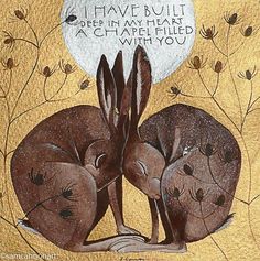 two brown rabbits sitting next to each other on top of a yellow background with the words, i have built a bed in an apple filled with you