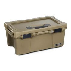 the large cooler is tan with black handles