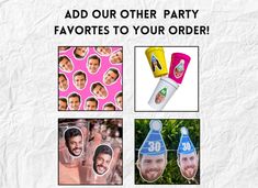 an advertisement for birthday party with pictures of men and women on them, including one man's face