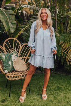 Flowy Blue Mini Dress For Beach, Blue Flowy Mini Dress For Daywear, Flowy Cotton Mini Dress In Blue, Light Blue Flowy Mini Dress With Ruffles, Flowy Mini Dress With Ruffle Sleeves, Casual Style, Resort Look, Fun Clothes, Loose Sleeves, V Cut