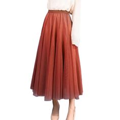 Orange Pleated Tulle A-line High Waist Skirt Fall A-line Pleated Maxi Skirt, Chic Fall Tulle Maxi Skirt, Fall Party A-line Bottoms, Summer A-line Tulle Skirt, Flowy Full Maxi Skirt For Fall, Fall A-line Skirt With Pleated Hem, Voluminous Maxi Skirt For Fall Party, A-line Pleated Skirt For Spring, Fall Pleated Tiered Mini Skirt