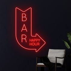 a neon sign that says bar happy hour in front of a chair and potted plant