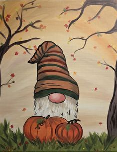 an acrylic painting of a gnome with pumpkins