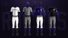 three different baseball uniforms are shown on a dark background, with the same color as the team's uniform