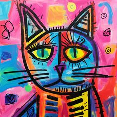 a painting of a cat with bright colors