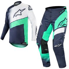 a blue and white motorcycle suit with green accents on the bottom, front and back