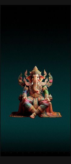 an elephant statue sitting on top of a green floor next to a black background with the image of ganesha