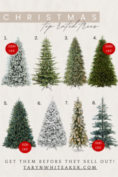 christmas trees are shown in different colors and sizes, with the prices listed below them