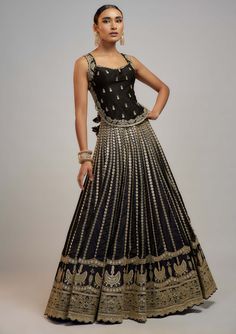 Editor's Note Captivate in the allure of heritage embroidery with this stunning lehenga, adorned in exquisite marodi and gota work, showcases vertical floral lines converging at the waist for a... Marodi Work, Gopi Vaid, Victorian Skirt, Black Lehenga, Half Sarees, Wedding Lehenga Designs, Classic Romance, Gota Work, Backless Blouse