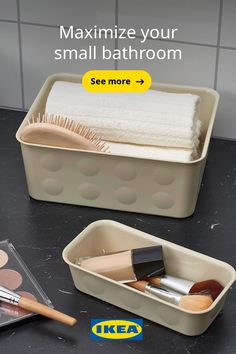 two containers with makeup and brushes in them on a counter next to the words, maximumize your small bathroom see more >