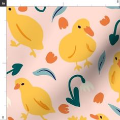 a pink background with yellow birds and leaves