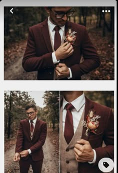 the man is wearing a suit and tie with flowers on his lapel, while standing in front of trees