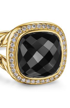 A split shanke is shaped by a signature twist in this 18-karat-gold ring that frames a central stone with a halo of pavé diamonds. 15.5mm square setting Total black onyx weight: 3.35ct. Total malachite weight: 5.4ct. Total Hampton blue topaz weight: 7.61ct. Total citrine weight: 5.5ct. Total malachite weight: 10.65ct. Total turquoise weight: 3.55ct. Total diamond weight: 0.19ct. 18k gold/black onyx, malachite, Hampton blue topaz, citrine, malachite or turquoise/diamond Imported >Diamond Guide Black Onyx Ring David Yurman, Amulet Charm, Women's Rings, Diamond Guide, Bead Bangles, Customer Care, High Jewelry, White Rose Gold, David Yurman