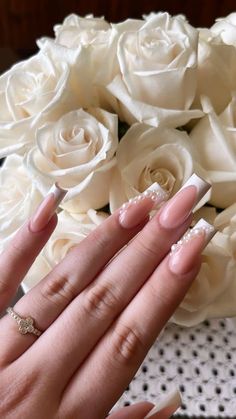 Pearl On Nails Acrylic, Pearl Acrylic Nails Square, Pearl Birthday Nails, Wedding Inspo Nails, Pearl French Tips Nails, French Tip Acrylic Nails With Pearls, Prom Square Nails, Nails Acrylic With Pearls, Nails With Pearls Square