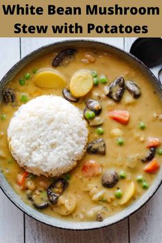 a bowl filled with white bean mushroom stew and rice