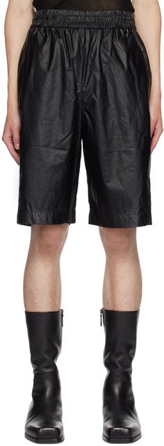 Grained faux-leather shorts. · Concealed drawstring at elasticized waistband · Four-pocket styling · Mock-fly · Logo patch at back pocket · Full satin lining Supplier color: Black Casual Black Leather Shorts, Casual Leather Shorts With Belt Loops, Summer Leather Shorts With Pockets, Casual Leather Shorts, Summer Leather Bottoms With Built-in Shorts, Fly Logo, Leather Shorts, Back Pocket, Short Outfits