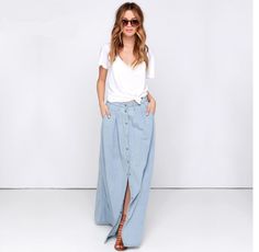 Loose High Waisted Breasted Long Denim Skirt Casual Denim Skirt, Tencel Denim, High Waist Long Skirt, Long Denim Skirt, Skirt Casual, Denim Maxi, Boho Girl, Style Preppy, Looks Street Style