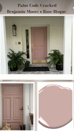 the front door is painted pink with white trim