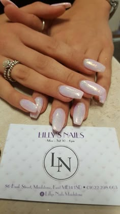 Coffin Nails. Pink Nails. Lillys Nails Maidstone Nail Ideas Shiny, Ballerina Pearl Nails, Coffin Pearl Nails, Chrome Coffin Nail Ideas, Shiny French Tip Nails, Chrome Coffin Acrylic Nails, Coffin Chrome Nails, Opalescent Nails, Lilly Nails