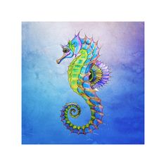 a painting of a colorful sea horse in the ocean with blue water and purple background