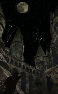 an image of a castle at night with the moon in the sky and stars above it