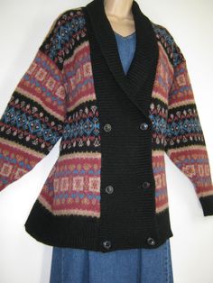 LAURA ASHLEY Vintage Chunky Wool Fairisle Knit Double-Breasted Winter Cardigan, Small/Medium Ecru Color, Black Chevron, Winter Cardigan, Fair Isle Pattern